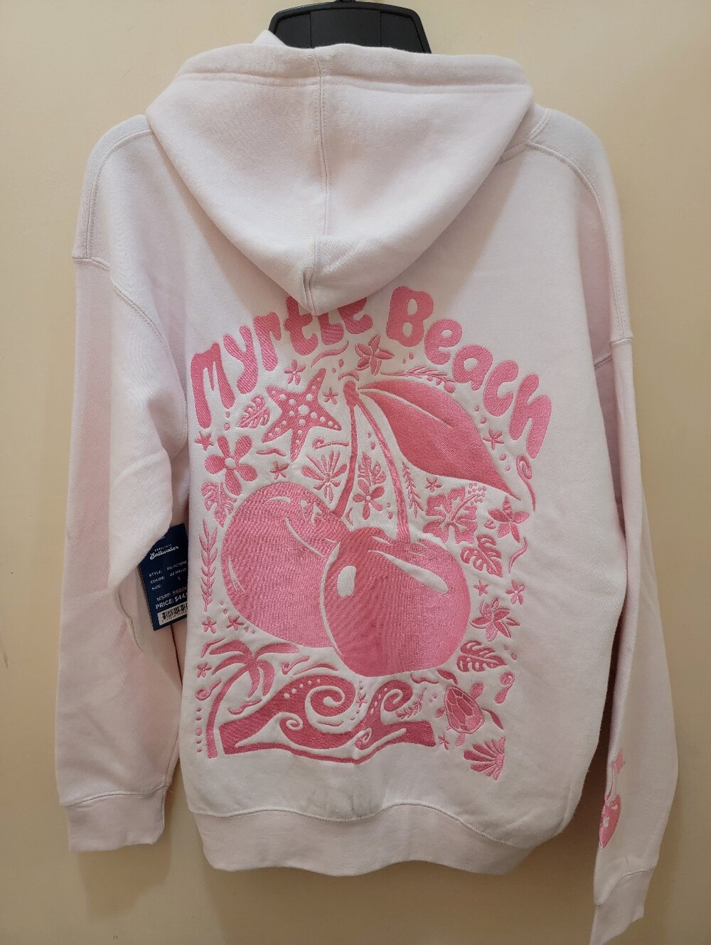 Pink Embroidered Hoodie With Cherry, Floral, Starfish And Turtle Design